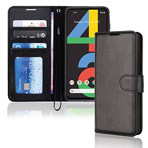 TECHGEAR Coque Pixel 4a Étui Portefeuille en Cuir, Housse avec Rabat de Protection Fentes pour Cartes Béquille et Dragonne, Stand Fonction, Faux Cuir PU Compatible avec Google Pixel 4a [Noir]