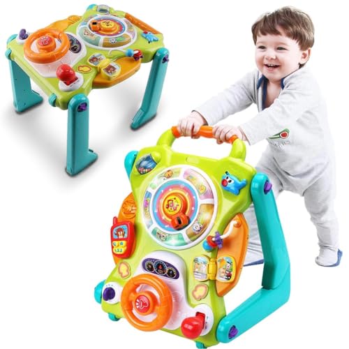 BAKAJI Primi Passi 3 in 1 Trasformabile in Tavolo Centro Attività, Giocattolo per Bambini Prima Infanzia, Funzione Trainante di Supporto Bambino con Lavagna Magnetica, Gioco Educativo con Luci e Suoni