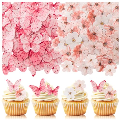 90PCS Wafer Paper Flowers Butterfly Cupcake Toppers, Cherry Bloss...