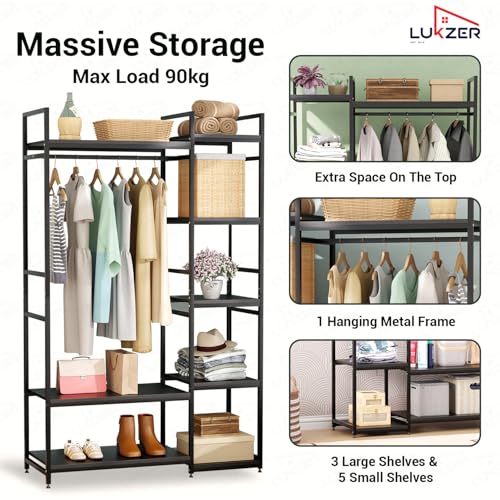 Image of Lukzer Heavy Duty Garment Rack with 8 Shelves & Hanging Rod | Free-Standing Modern Clothes Stand Metal & Engineered Wood Shoe Rack with Adjustable Foot Pads for Living Room - MMR-004 /Black & Black