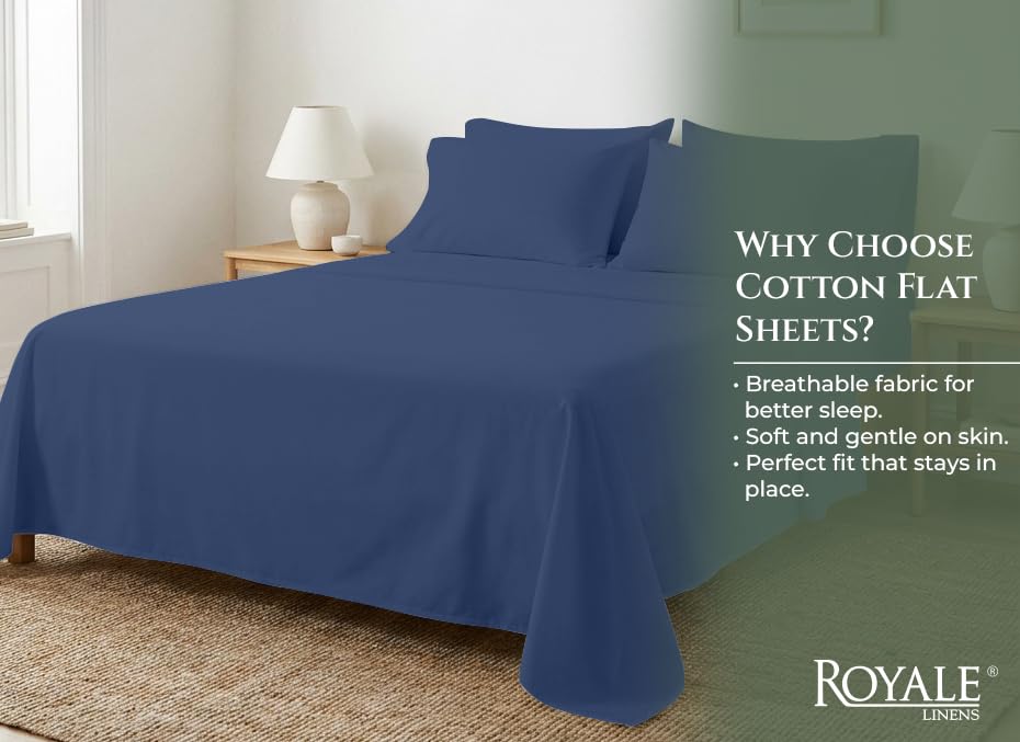 Image of Royale Linens 100% Organic Cotton Full Size Flat Sheet Only - Percale Top Sheets - Full Flat Sheet Sold Separately - Lightweight & Super Soft 100% Cotton Navy Bed Sheets Only (81 inch x 96 inch, Navy)