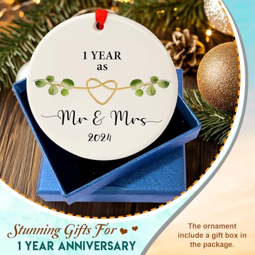 Image of First Wedding Anniversary Ornament 2024 - Handcrafted Round Ceramic Mr. & Mrs. Keepsake - Romantic 1 Year Married Ornament for Couples - First Christmas Married Gift - 2024 Holiday Home Decor