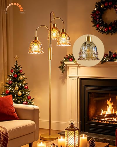 Image of 3-Light Glass Floor Lamp with Amber Ribbed Glass Shades, 70 inch Gold Dimmable Tall Standing Lamp with 3PCS 3000K Warm White Bulbs, Modern Tree Pole Lamp for Living Room Bedroom Home Office Corner Decor