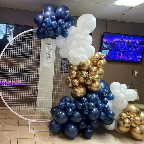 Image of Blue and Gold Balloons Arch Garland Kit, 134pcs Navy Blue Gold White Balloons with Different Size for Graduation, Birthday, Anniversary Party Decorations