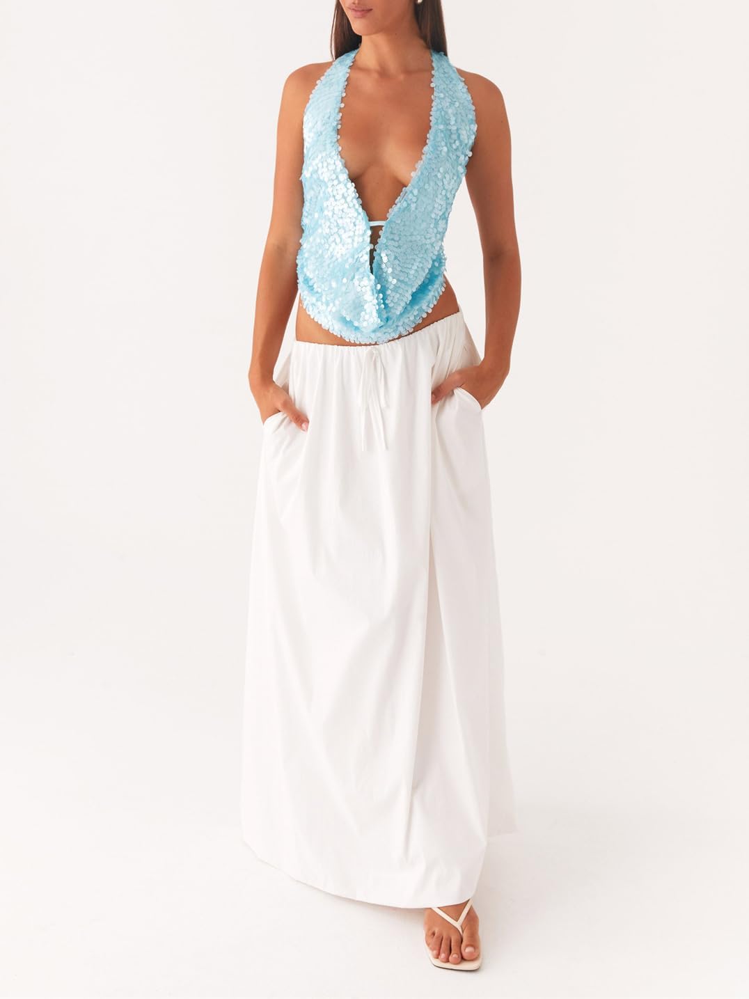 Women Halter Sequin Tank Top Sexy Y2K V Neck Low Cut Sleeveless Backless Vest Coquette Sparkly Summer Club Streetwear - Image 6