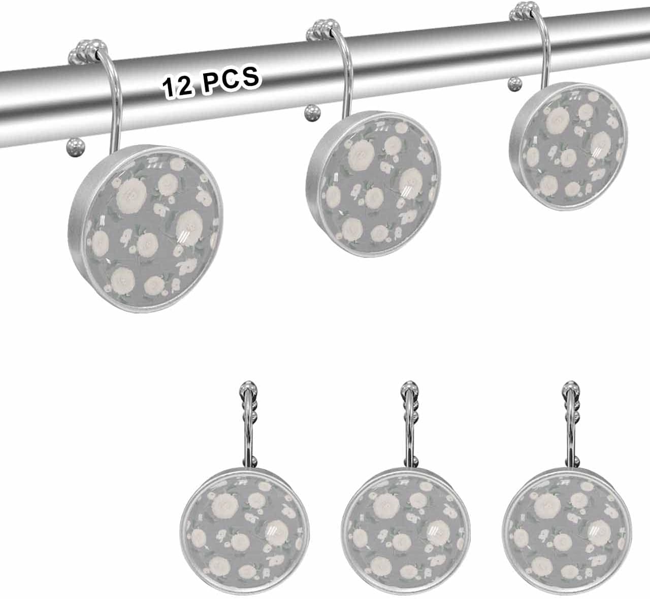 Shower Curtain Hooks 12 Pcs, White Floral Leaves Vintage Burlap Stainless Steel Rust Proof Rolling Shower Curtain Rings, Decorative Shower Curtain Hooks Hangers for Bathroom