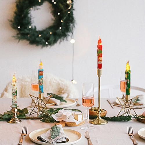 Image of Christmas Candlesticks Flameless Taper Candle,Gedengni 4pcs Red LED Tapered Candles Remote Dipped Candle 6inch Green Battery Chandelier for Enchanting Weddings and Harry Potter Inspired Vigils(CHMAS)