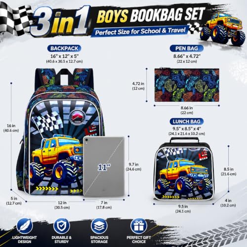 Image of HPJGD 3PCS Boys Truck Backpack Set, Water Resistant Kids Bookbag with Lunch Box, Cool School Bag for Preschool Toddler - Yellow Truck
