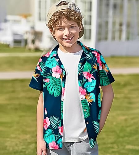 Damipow Boy's Hawaiian Shirt Short Sleeve Button Down Kids Beach Vacation Shirts Tropical Summer Tops2
