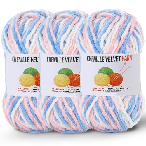 Image of 3 * 100g /3.5oz Fluffy Chenille Yarn for Crocheting, Chunky Velvet Yarn for Crochet Amigurumi, Used for Making Baby Yarns Blanket, Clothes, Pattern Knitting Creations (Colorful-E)