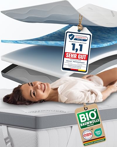 nøvera Premium Gel Topper 100x200 | H3/H4 | Oberstoff aus 100% Bio-Baumwolle | wolkenweicher 7-Zonen Matratzentopper 100x200 | Hohes RG 50 | 8cm Matratzen Topper | Luxus Matratzenauflage Geltopper