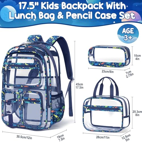 Fimibuke Clear Backpack for Boys, 3PCS Heavy Duty PVC Transparent Boys Backpack with Lunch Box & Pencil Case, School Stadium Event Approved Toddler School Bookbag for Preschool Kindergarten Elementary2
