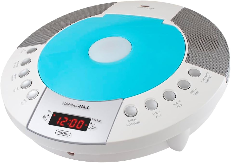 HANNLOMAX HX-330CD CD Player, FM Radio, Bluetooth, Alarm Clock, Red LED Display, USB Port for Charging and MP3 Playback, Aux-in, Remote Control Included, AC Operation only. (Blue)