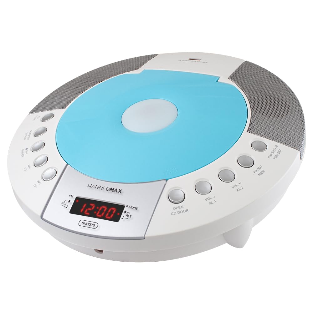 HANNLOMAX HX-330CD CD Player, FM Radio, Bluetooth, Alarm Clock, Red LED Display, USB Port for Charging and MP3 Playback, Aux-in, Remote Control Included, AC Operation only. (Blue)
