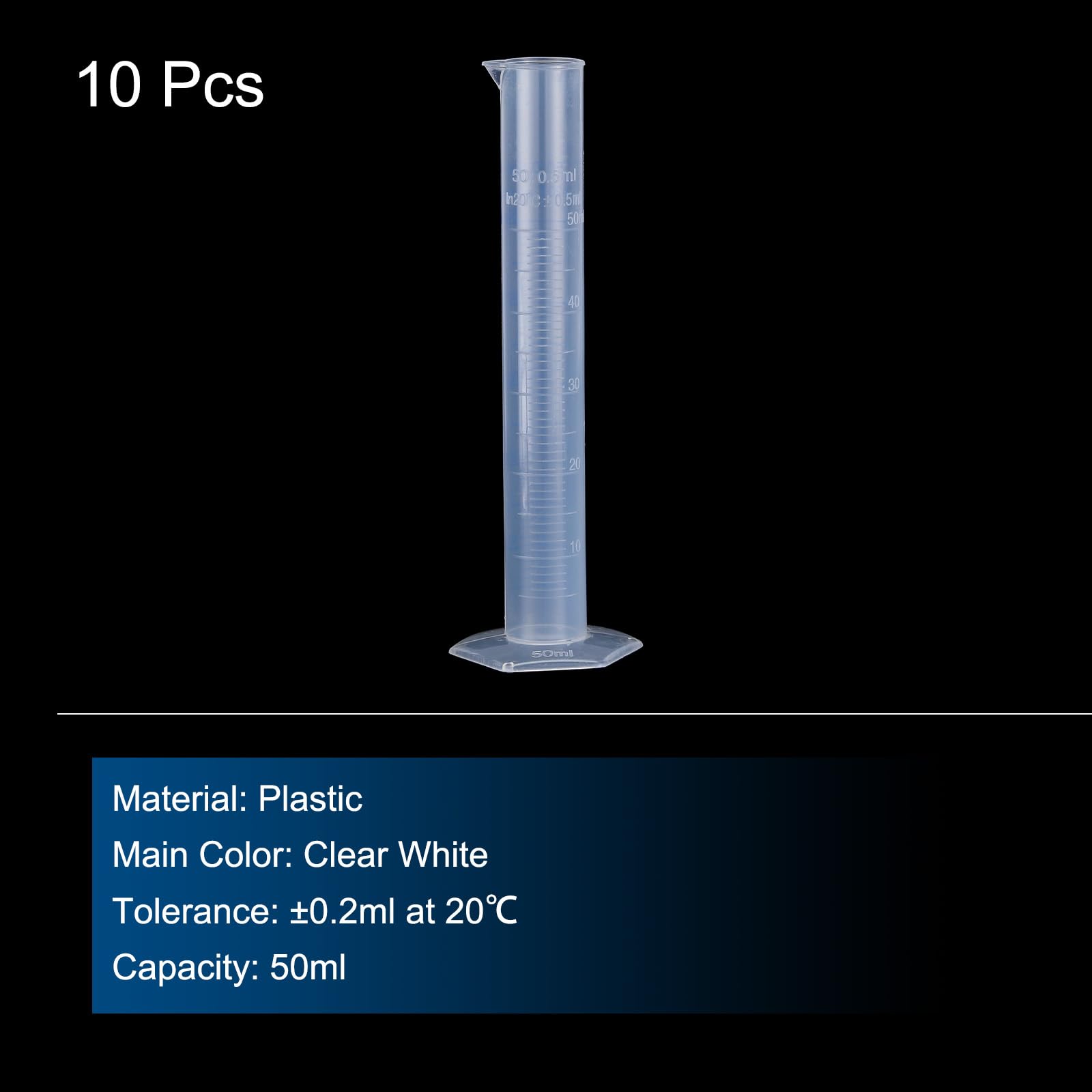 QUARKZMAN Cilindro Graduato in Plastica, Cilindro di Misurazione 50ml, Becher per Tubi di Prova, Marcatura Metrica 2 Lati, Base Esagonale Trasparente per Laboratorio Casa 10pz