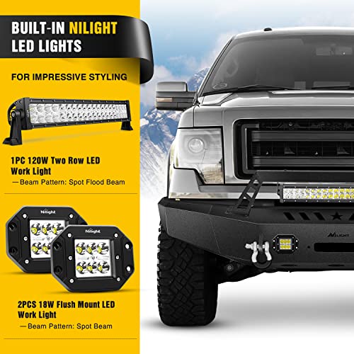 Image of Nilight Front Bumper Full Width Solid Steel Compatible for 2009 2010 2011 2012 2013 2014 Ford F150 Pickup Truck with Winch Plate Offroad 120W LED Light Bar 2x18w LED Pods