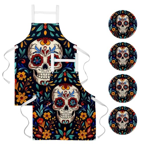 Tabliers de cuisine réglables avec poches motif Sugar Skull lavables et étanches