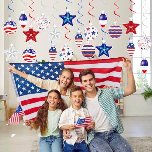 Image of 48 PCS 4th of July Hangings Swirl Decorations, Independence Day Patriotic Party Supplies, No DIY Ceiling Streamers Decor for Holiday Birthday Wedding Veteran Day Tree Red White Blue Decorations