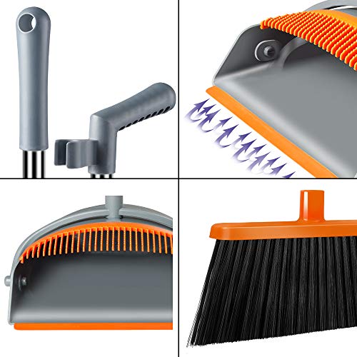 Image of Rubber Super Long Handle Lobby Brooms, Self-Cleaning Broom And Dustpan Set With Dust Pan Teeth For Home, Kitchen And Office Use (Grey And Orange), Hard floor
