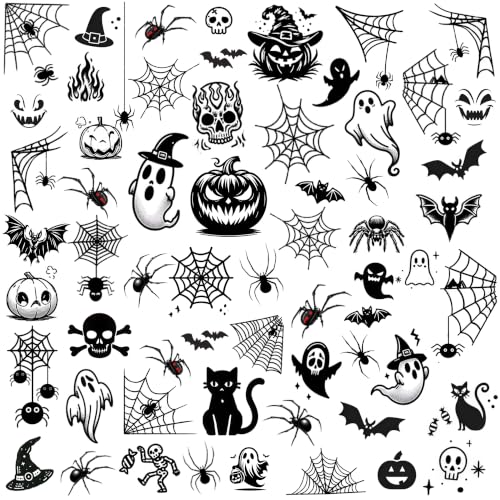 300+ PCS Funny Pumpkin Ghost Halloween Temporary Tattoos For Kids Boys Girls Men Women Finger Hand Neck Tattoos Halloween, Realistic Small Witch Skull Spider Fake Tattoo Sticker Halloween Accessories
