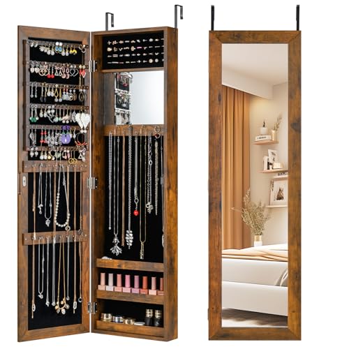 COSTWAY Full Length Mirror Jewelry Armoire, Wall Door Mounted Jewelry Cabinet Organizer with Makeup Mirror, Ring Slots and Necklace Hooks for Bedroom, Dressing Room (Rustic Brown)