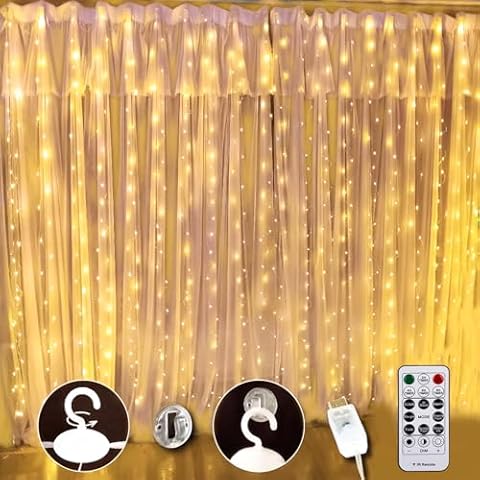 SINAMER Warm White Curtain Light for Bedroom, 300 LED 9.8ft x 9.8ft Window Fairy Curtain String Light with 16 Hooks, 8 Models Remote Control for Wedding Party Home Garden Indoor Decorations Cover
