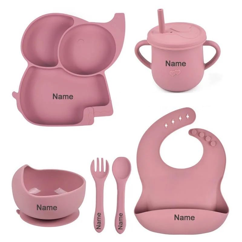 Personalized Baby Name Elephant Feeding Set 6Pcs, Custom Name Baby Silicone Weaning Set, Feeding Set With Name BPA Free