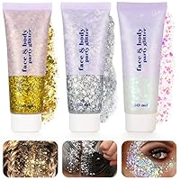 Xinstroe 3 Stück Body Glitter gel, Sequins Chunky Glitter Liquid Gel für Gesicht Haare Lippen Nägel Make Up Kosmetik Festival Party, Silber,Gold,Weiß
