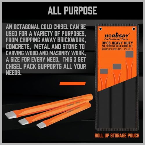 Image of HORUSDY 3-Pieces Heavy Duty Cold Chisels Set, Long 8 inch, 10 inch, 12 inch, with Roll Pouch, 1 in, 7 /8 in, 25 /32 in