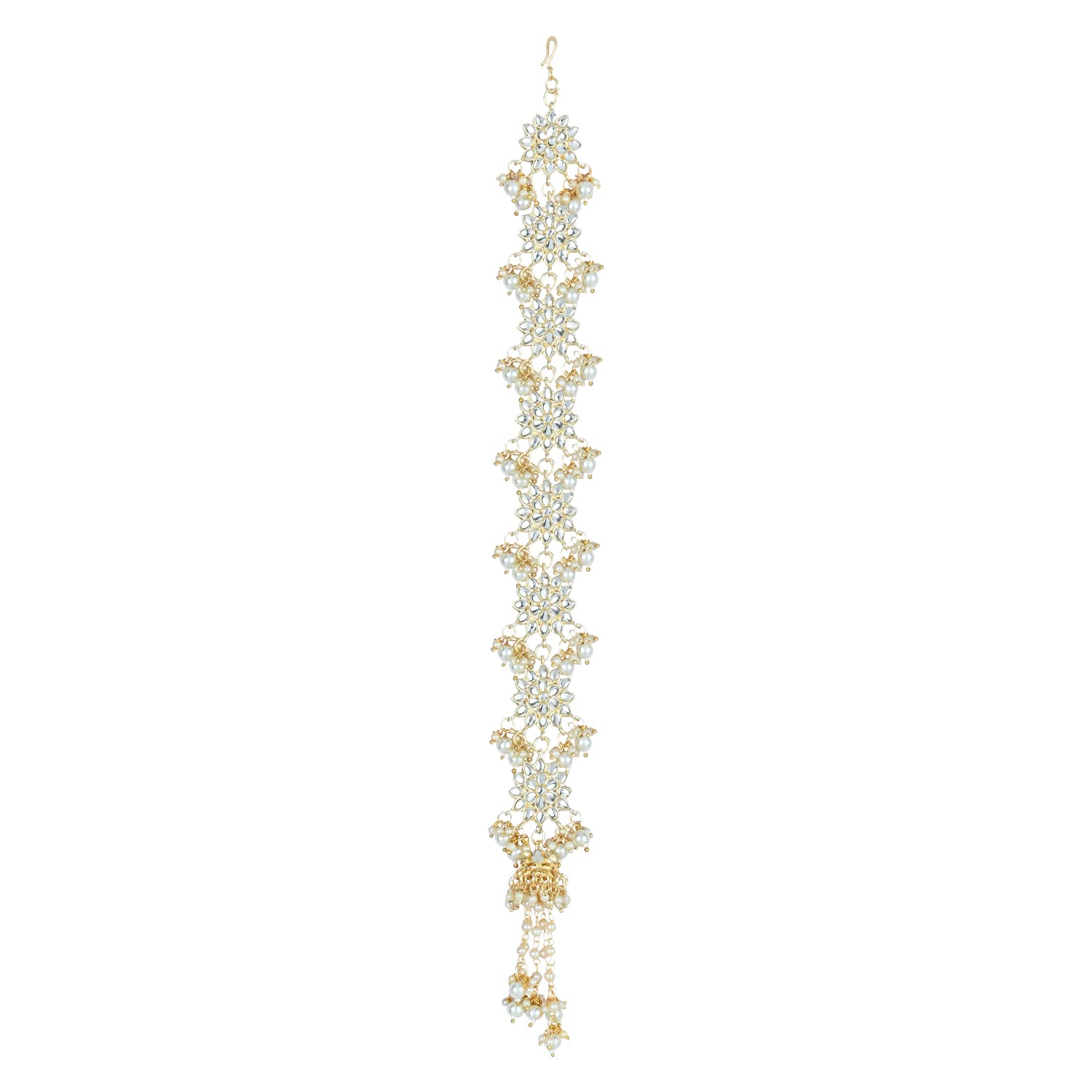 Women Gold Plated Traditional Handcrafted White Kundan And Pearl Studded Paranda/Hair Braid Pin Choti For Bridal Perfect For Wedding (T2098W)