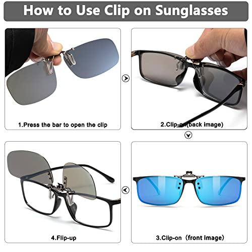 Image of CAXMAN Polarized Clip On Sunglasses Over Prescription Glasses or Reading Glasses for Men Women Flip Up Rimless Rectangle Lens Cover Eyeglasses, Blue Mirrored Lens, 57 * 36mm