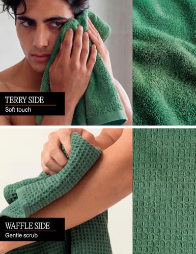 Image of DAMENSCH Unisex Premium Bamboo Blend, Ultra-Soft, Absorbent, Dual Waffle and Terry Texture Waffle Hand Towel - Ocean Blue, Forest Green - Pack of 2
