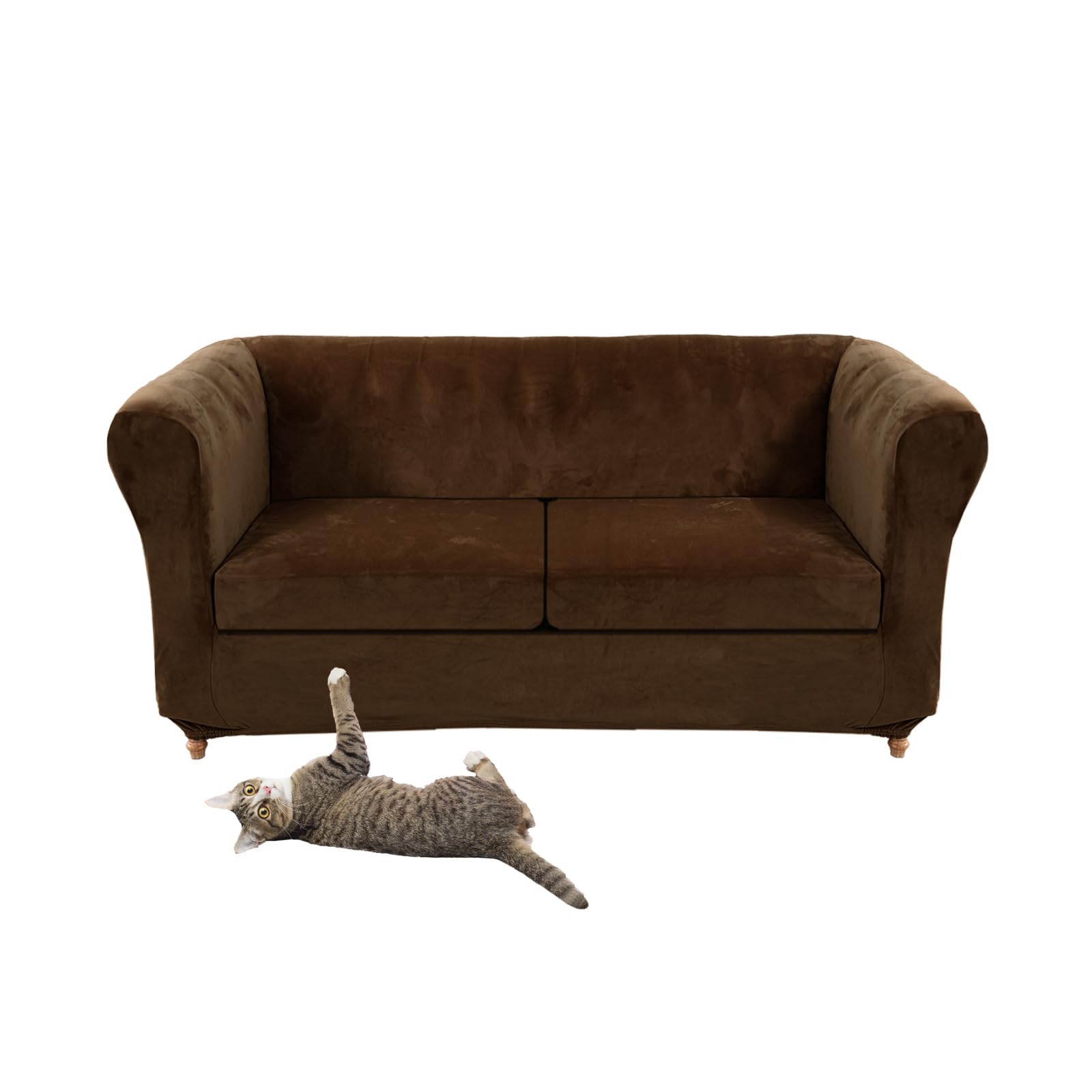 Stretch Velvet Chesterfield Sofa Cover Couch Cover with Seat Cushion Curved Chaise Armchair Vintage Style (Dark Brown Sofa + 2 Large Seats)