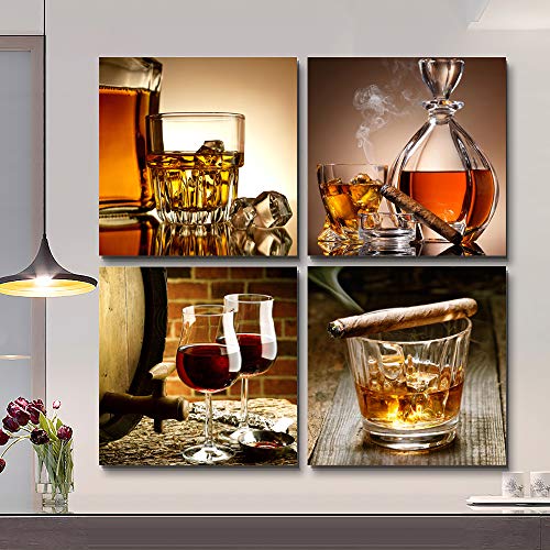 Kitchen Wall Decor Canvas Art Still Life Wine Glass Wall Art Decor Ready To Hang For Home Decoration Bedroom Dining Room Pub Wall Mural Artwork 16" X 16" 4 Pieces Framed Canvas Posters Prints Painting #TOP1