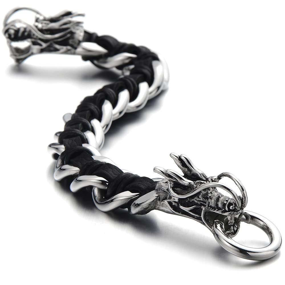 COOLSTEELANDBEYOND Diseño Trenzado, Brazalete del Dragón, Pulsera de Hombre, Cadena Barbada, Acero, Tiras Cuero Mixtos, Cuero Genuino Negro
