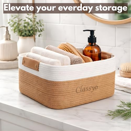 Image of Classyo Cotton Jute Basket for Storage (12 X 8 X 5 INCH), Jute Storage Basket Ideal for Organization & Gift Hampers | Storage Box Shelf Baskets for Kitchen (Beige and White)