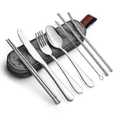Reusable Travel Utensils Silverware with Case,Travel Camping Cutlery set,Chopsticks and Straw for Camping, Portable Flatware Cutlery Set with Case, Stainless steel Travel Utensil set 8 Piece