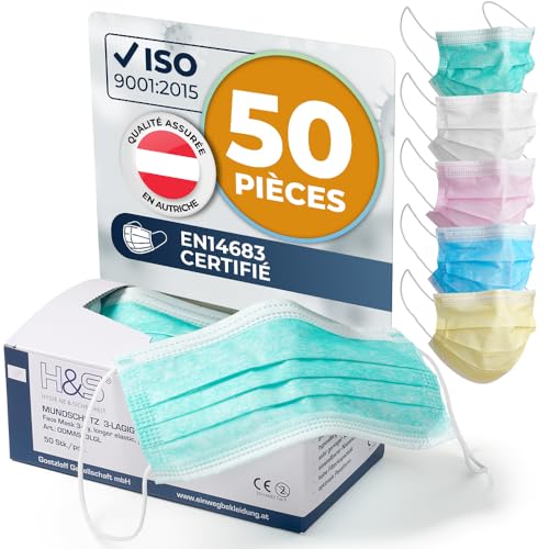 Masques Chirurgicaux ISC H&S, 3 couches, fixations élastiques à l'oreille, lot de 50 masques jetables couleur (vert)