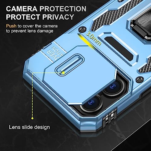 Image of Polycarbonate Slide Camera Cover with Ring Holder Mobile Phone Back Cover for iPhone 15 Pro (Blue)