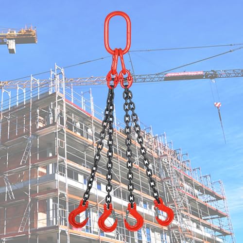 Lifting Slings Heavy Duty Chain Quad Leg with Locking Hooks, Load 2 Ton Lifting Chain for Cargo Security Towing and Handling, G80 Mn Steel Lift Chain Sling(Load 2 Ton L 2 M (6.6 FT) 4 Hook)