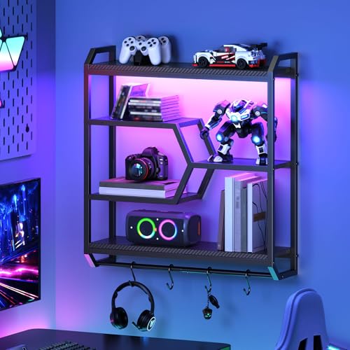Image of HOOBRO Gaming Floating Shelf with LED Lights, 27.5" LED Wall Mounted Shelf with Hanging Rod & 4 S-Hooks, 4-Tier Hanging Display Rack, for Living Room, Gaming Room, Black BB71DBJ01