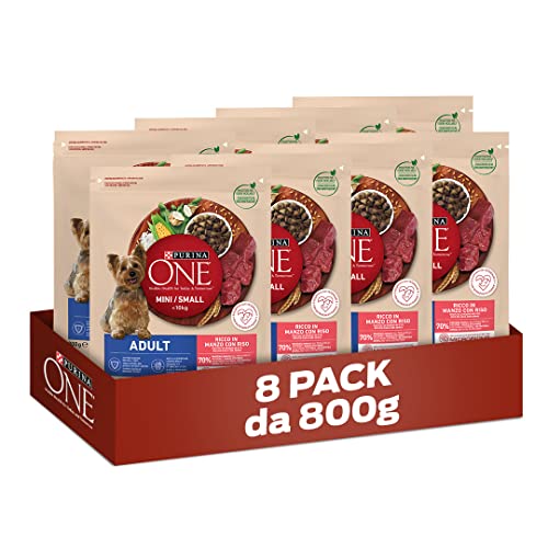 PURINA ONE Mini Small Crocchette per Cani Adulti Ricco in Manzo 8 Sacchi da 800g