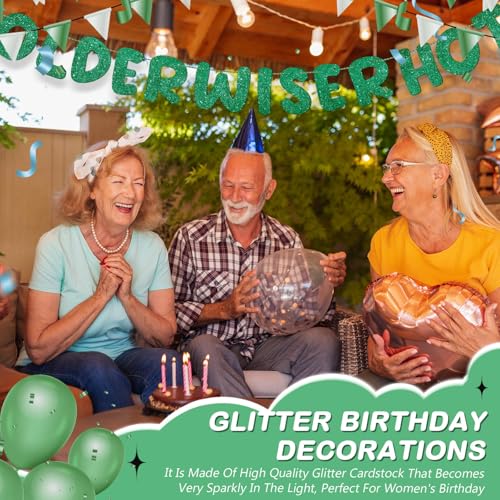 Image of Fulmoon Set of 3 Pre Strung Older Wiser Hotter Glitter Banner Funny Birthday Banner for Women 30th 40th 50th 60th 70th 80th Birthday Party Decorations Sign Gift(Green)