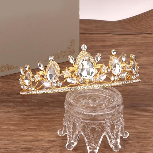 Image of Gold Crown, Crystal Tiaras and Crowns for Women Green Queen Crown Gold Tiara for Girls Bridal Wedding Prom Quinceanera Party