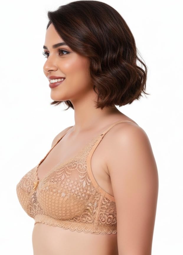 Image of Premium Women's Floral Lace Non-Padded Full Coverage Bra - Wire-Free Support Bralette in Nude