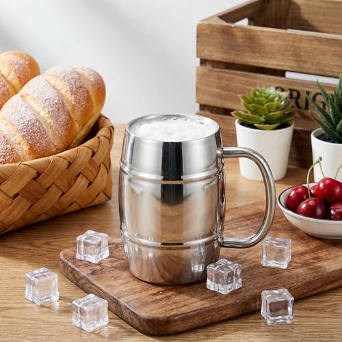 Image of Goaste 4 Pack Stainless Steel Barrel Mugs, 15 OZ Double Walled Beer Stein with Strong Handle, Heat Insulated Metal Drinking Cup, Coffee Tea Camping Travel Tumblers for Hot or Cold Beverages