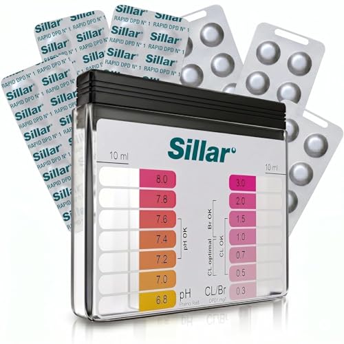 Sillar Pool Tester pH und Chlor Tragbarer Wassertester mit 60 Testtabletten Messbehälter mit getrennten Kammern für pH-Wert und Chlorgehalt für Schwimmbad und Whirlpool