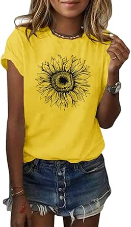 Cicy Bell Women's T Shirts Short Sleeve Tees Sunflower Graphic Loose Summer Tops