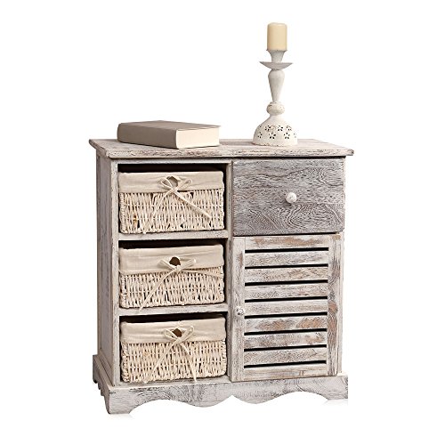 Melko Kommode Shabby Stil Schrank mit 3 Körben beige mit Tür + Schublade...