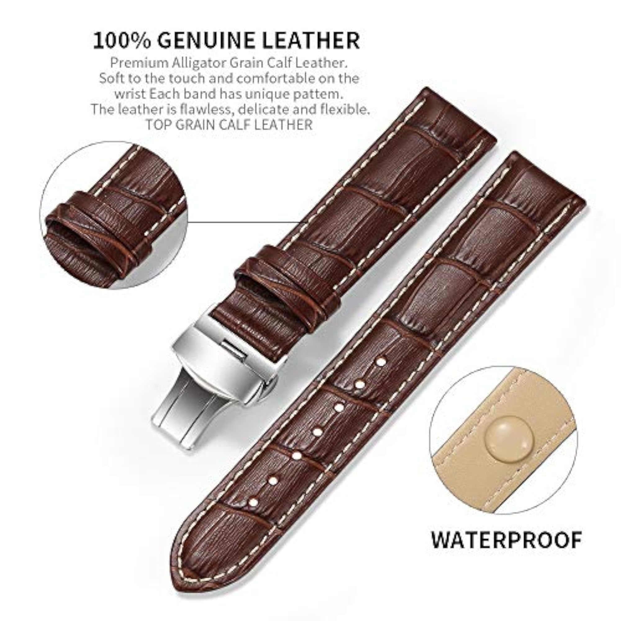 Leather Deployment Buckle Replacement Strap for Watches, Brown